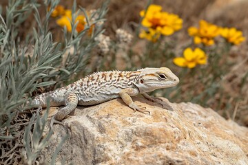 Naklejka premium A lizard rests on a rock surrounded by flowers in a natural setting.