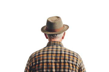 Elderly man in a checkered shirt and hat, viewed from behind, showcasing wisdom and experience.