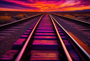 Fototapeta premium lonely train tracks stretching into horizon beneath vibrant sunset dramatic colors scenic beauty, scenery, nature, landscape, sky, clouds, orange, purple