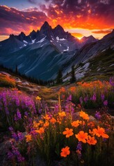 Fototapeta premium majestic mountain landscapes sunrise observed silhouette dramatic sky colors rustic natural elements, alpine, backdrop, beauty, breathtaking, clouds, calm