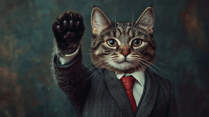 A cat in a suit and tie with his paw up