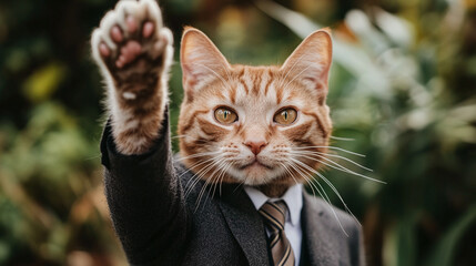 A cat in a suit and tie with his paw up
