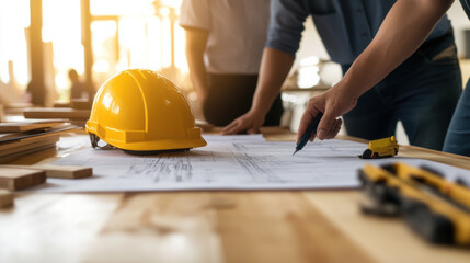 Construction professionals reviewing blueprints and project plans with yellow hard hat on wooden table. atmosphere is focused and collaborative, highlighting teamwork in planning