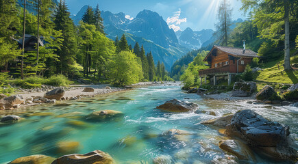 A river with turquoise water in the alps, surrounded by trees and rocks, a wooden house on its bank, sunny day, beautiful nature. - Powered by Adobe