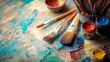 Fototapeta premium A vibrant collection of paints, brushes, and a partially completed canvas on an artist s desk, with a creative and lively atmosphere