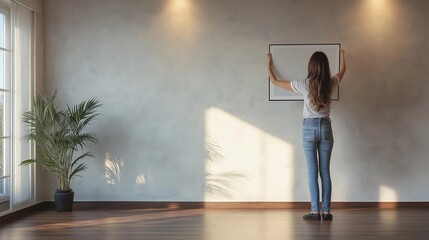 Back View of Woman Hanging a Picture on an Empty Wall in Modern Living Room