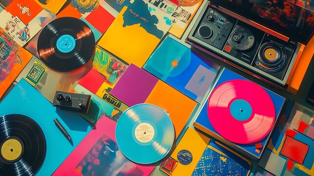 A vibrant collection of vinyl records, with colorful album covers spread out on a table next to a vintage record player