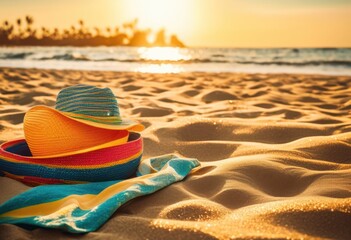 colorful beach accessories displayed sandy shore vibrant textures playful designs creating summer vibe, towel, umbrella, chair, sunblock, sunglasses, water