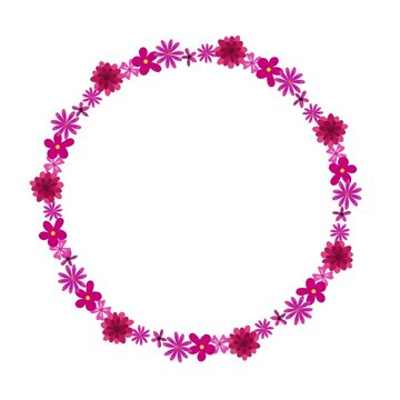 floral wreath on white background. Yellow, blue, white and pink wild flowers. Circular shape frame. Traced vector illustration