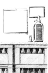 mockup de men&uacute; de bar. Ilustraci&oacute;n de la barra de un bar en tinta con un sif&oacute;n de soda antiguo y un palillero. Decoraci&oacute;n t&iacute;pica de taberna espa&ntilde;ola. Mostrador hecho con cajas de botella. Fondo blanco