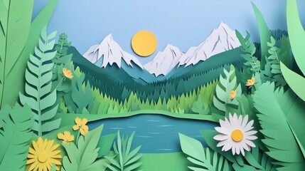Scenic view of a tranquil alpine lake surrounded by mountain peaks and lush greenery Serene alpine lake with mountains and greenery