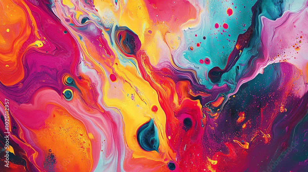 Poster a vibrant explosion of colors in abstract shapes, with bold neon patterns and playful textures swirl