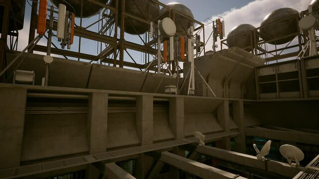 Several large metal tanks lined up next to each other in an industrial setting, near a concrete building with antennas on the roof.