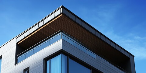 A building with a balcony and a blue sky in the background. The balcony is made of wood and has a glass railing