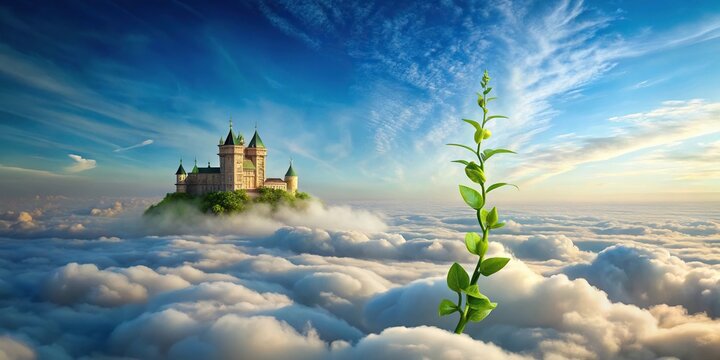 beanstalk rising into clouds with giant palace in distance