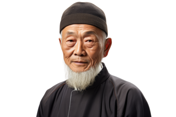 Elderly man with a beard and traditional attire, posing against a white background.