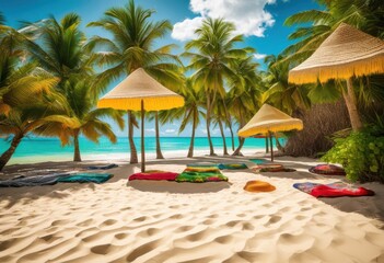 Fototapeta premium vibrant tropical beach scene featuring colorful blankets stylish sun hats spread across soft sandy shoreline under bright sunlight, ocean, summer, resort