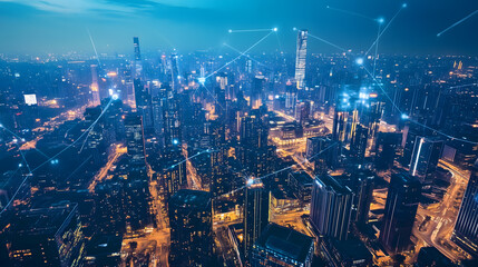 Modern city aerial view and communication network concept. Smart city. Wireless telecommunication.