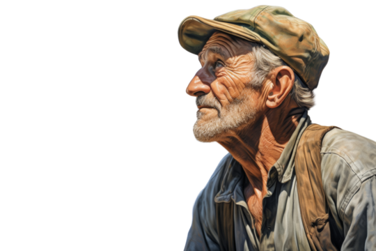 Elderly man with a weathered face, wearing a cap and looking upwards in contemplation against a white background.