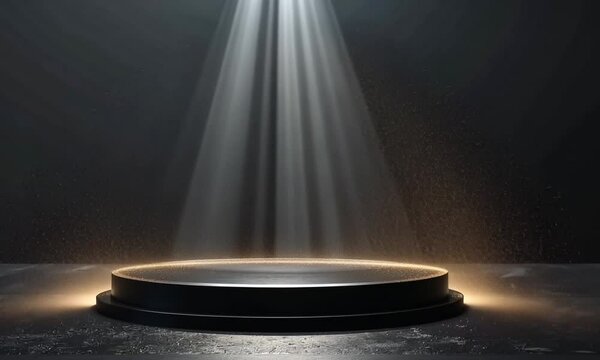 A black background circle podium adorned with shimmering gold neon lights, exuding an elegant and futuristic ambiance