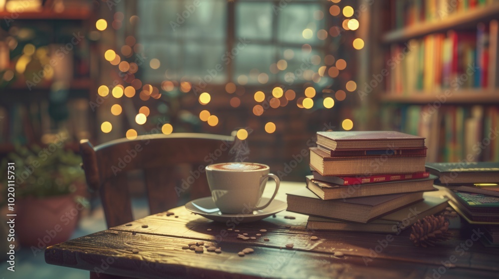 Leinwandbilder the setting features a stack of books beside a warm cup of coffee, creating a serene atmosphere perf