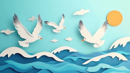 Fototapeta premium Seagulls competing for food above the ocean Seagulls fighting for food over the sea