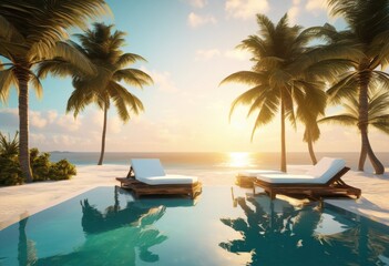 Fototapeta premium luxurious beachside stunning elegant crystal clear serene tropical gourmet dining experience, beachfront, luxury, resort, retreat, ocean, sunset, skyline