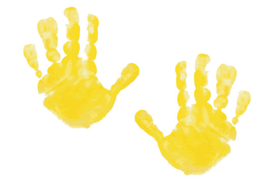 recommend clip art: Yellow print of a child's hands drawn with paint. Yellow hands print vector icon isolated on white background. Palms.
