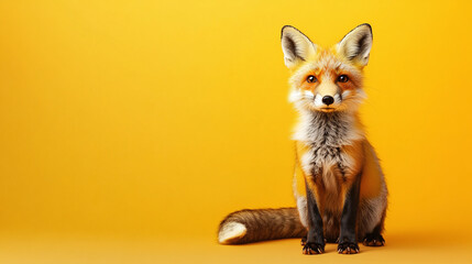 A cute fox in a tiny winter coat, sitting on a bright orange background with copy space.