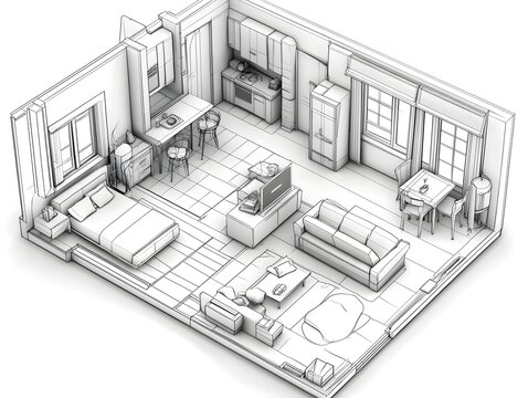 recommend clip art: Line art sketch of a modern apartment interior
