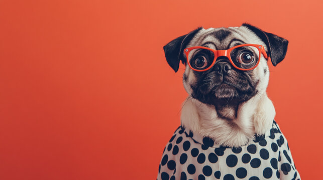A cute pug in a polka-dot dress, posing on a bright coral background with copy space.