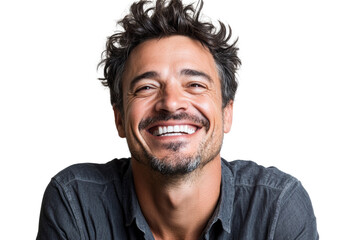 Fototapeta premium Happy man with curly hair, smiling widely against a white isolated background.