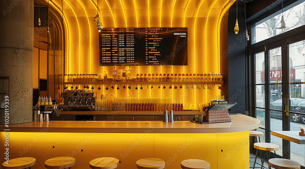 Poster a small bar in the theme of yellow and chocolate drips inside a retail location with a score board b