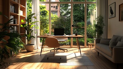 Fototapeta premium Bright home office with large windows, wooden desk, comfortable seating, and lush greenery, creating a cozy and productive workspace.