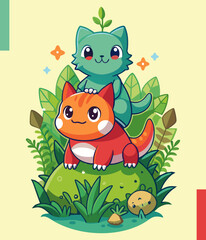 Fototapeta premium A whimsical green cat atop an orange cat, surrounded by lush plants and stars. Playful and charming, perfect for any creative space
