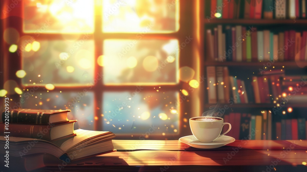 Fototapete This inviting space features a warm atmosphere with a cup of coffee and stacked books, perfect for enjoying a leisurely reading session. Generative AI