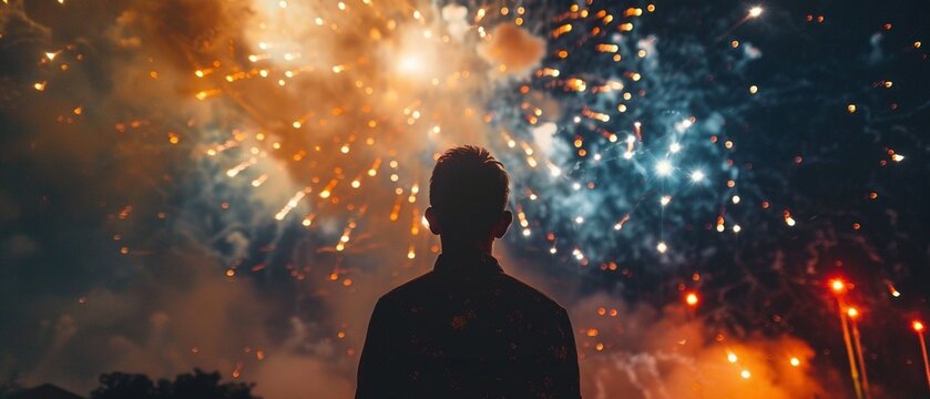 Eine Person blickt auf das Feuerwerk an Silvester 