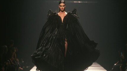 Elegantly Gothic Halloween Runway Fashion with Dramatic Corset and Flowing Cape