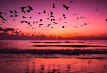 stunning vibrant beach sunset tranquil waves silhouettes beauty sky water reflection, horizon, ocean, colors, tranquility, nature, sunlight, dusk, view, warm