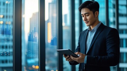 Fototapeta premium Businessman Using Tablet in Modern Office Setting