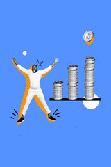 Composite collage picture image of jumping funny young man earning money trading career trader...