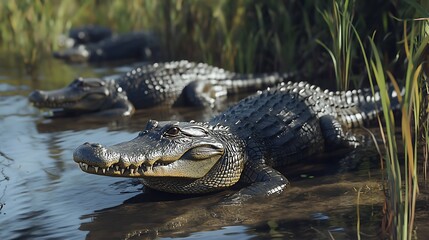 Obraz premium A serene scene featuring alligators resting in shallow water among grass.