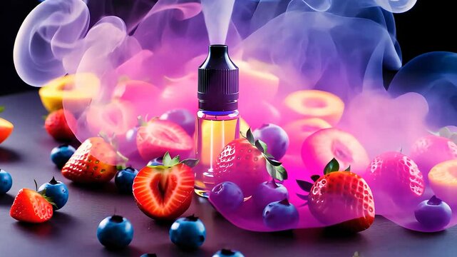 Vaping Device Surrounded by Colorful Fruit Flavors and Vapor