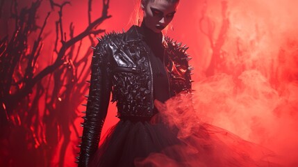 Hauntingly Stylish Halloween Runway: Model in Spiked Leather Jacket and Tulle Skirt against Detailed Haunted Tree Backdrop
