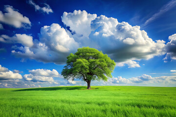 Obraz premium solitary tree stands majestically in vibrant green grassy field under vast blue skies filled with fluffy clouds, creating serene and peaceful landscape