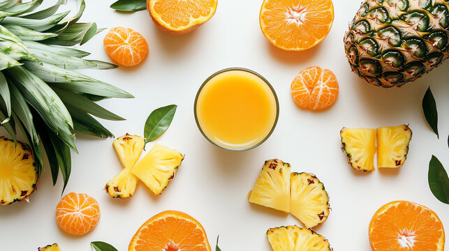 A vibrant arrangement of fresh fruits including pineapple, oranges, and tangerines around a glass of juice, all on a white isolated background.
