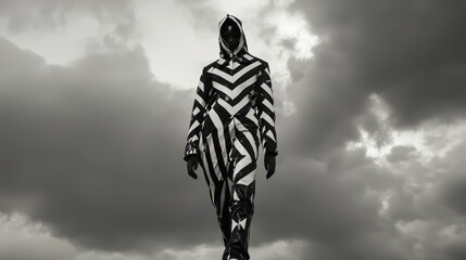 Dark Couture: Model in Bold Black & White Outfit on Ominous Runway | Fashion Photography Against Moody Sky