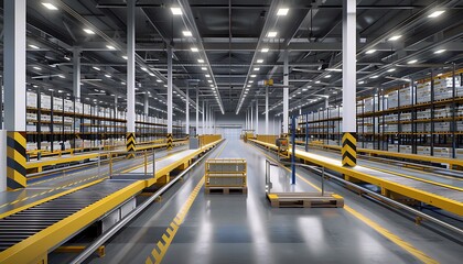 Obraz premium Interior of a warehouse with a long corridor and rows of racks