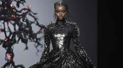 Fototapeta premium Edgy Halloween Runway Fashion: Fierce Model in Leather Ensemble with Spikes and Chains, Dramatic Train Silhouette - Ultra-Detailed Photography