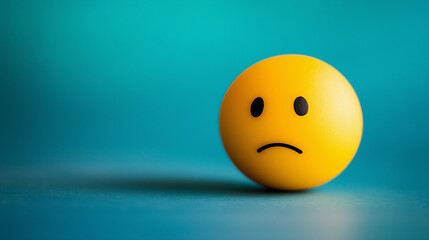 Sad face emoji ball on blue background with copy space. Sadness, emotions and melancholy concept.